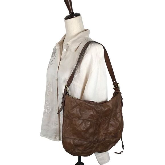 Hobo International Brand Camel Leather Shoulder Bag with Blue Floral Liner - Picture 2 of 13